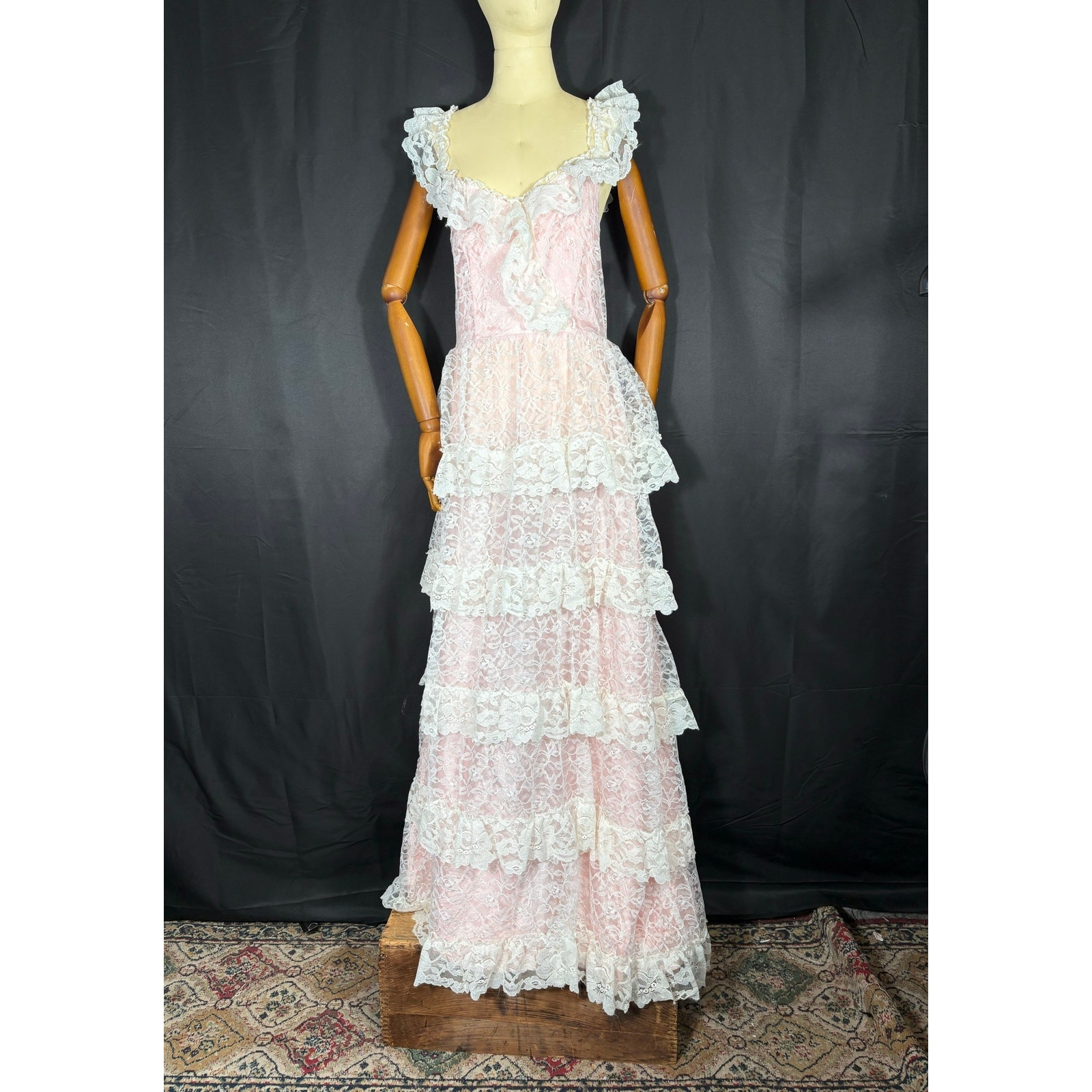 Vintage 80's Pink Satin With White Layered Lace Prom Dress Ball Gown Sleeveless